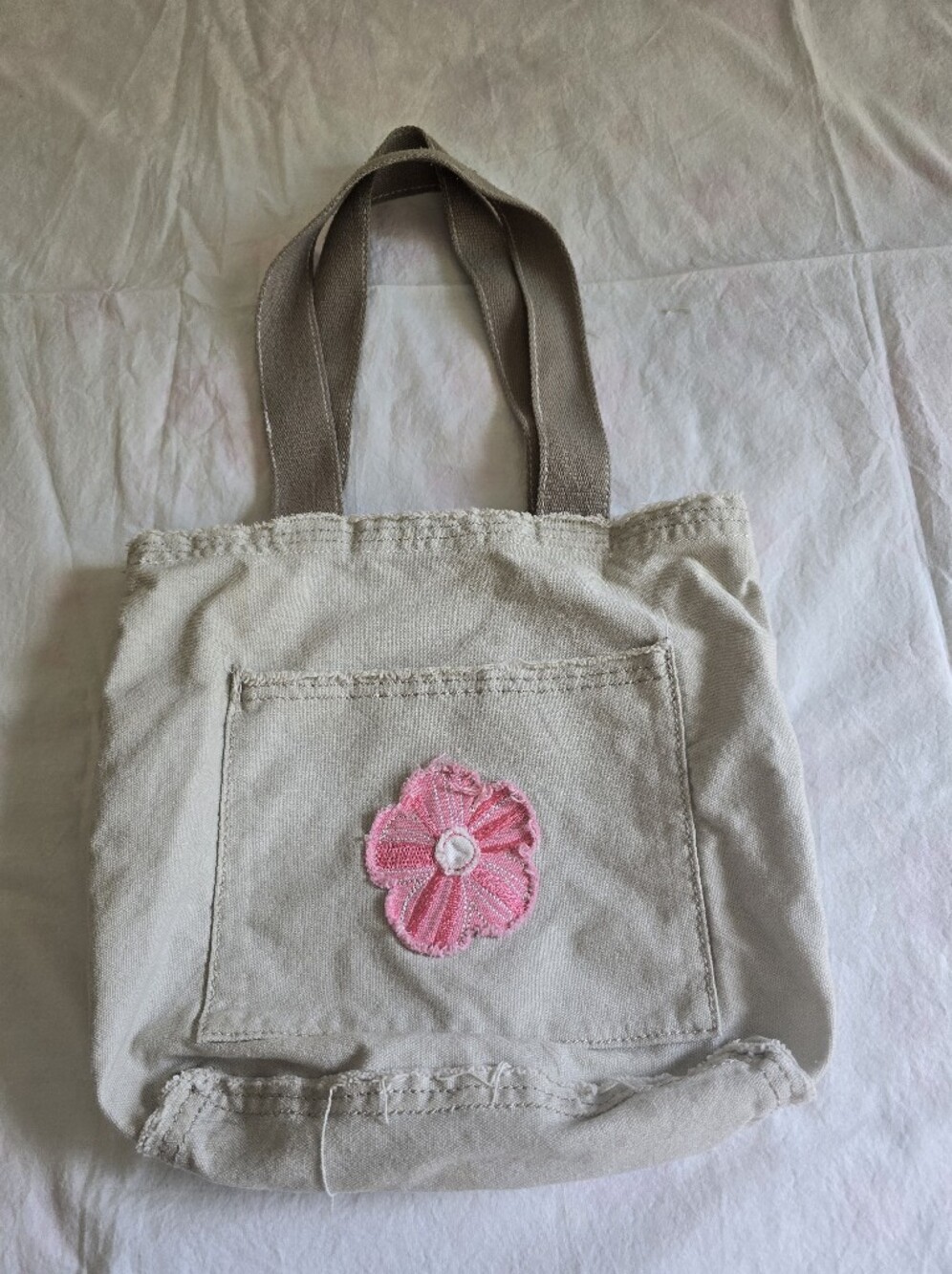 Thirty One Canvas Tote Bag with Pink Flower Patch